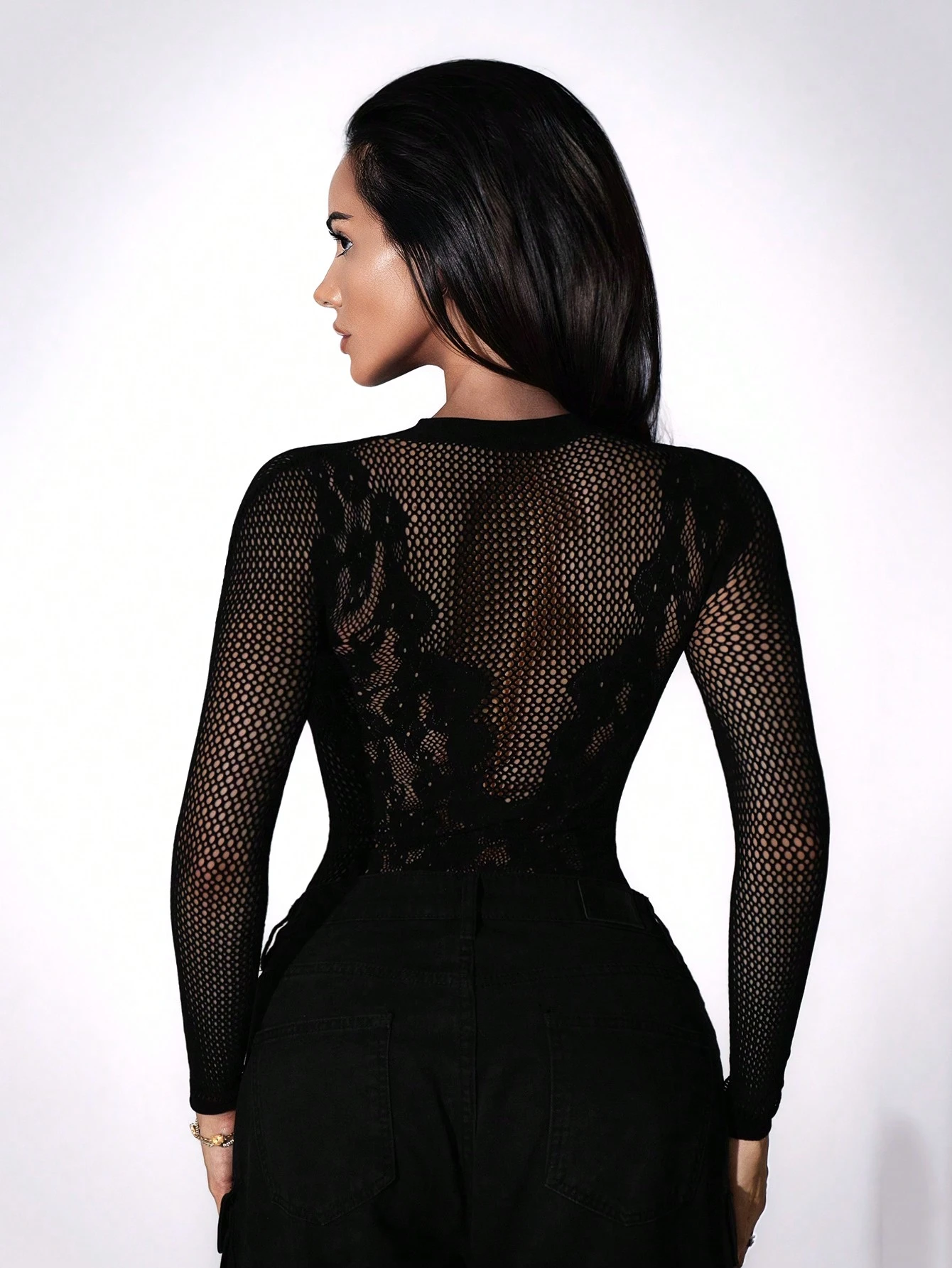 SHEIN Zolique Women's Solid Stand Collar Long Sleeve Hollow Out Simple Fitted Bodysuit - Image 2