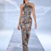 SHEIN JIAN LASALA Women Brown Maxi Dresses Sexy, Party Halter Sleeveless Textured Pattern, All Over Print, Leopard Print, Knot, Cut Out, Backless