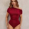 SHEIN SXY Fall Women Clothes;Christmas Party Burgundy High-Grade Glitter Silk Women's Sexy Bodysuit