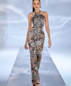 SHEIN JIAN LASALA Women Brown Maxi Dresses Sexy, Party Halter Sleeveless Textured Pattern, All Over Print, Leopard Print, Knot, Cut Out, Backless