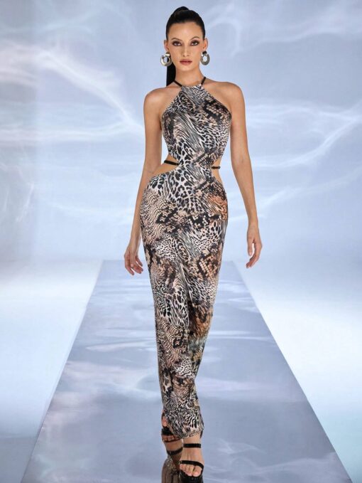 SHEIN JIAN LASALA Women Brown Maxi Dresses Sexy, Party Halter Sleeveless Textured Pattern, All Over Print, Leopard Print, Knot, Cut Out, Backless