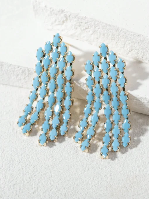 SHEIN 1pair Fashionable Blue Glass Cat's Eye & Tassel Dangle Earrings Suitable For Daily & Vacation Wear For Women