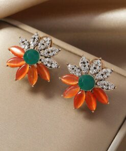 SHEIN 1pair Fashionable Flower Petals Symmetrical Color Block Green & Orange Earrings With Rhinestones