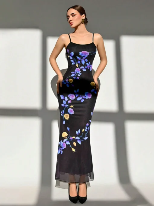 SHEIN Aloruh Women Elegant Floral Print Spaghetti Strap Long Dress