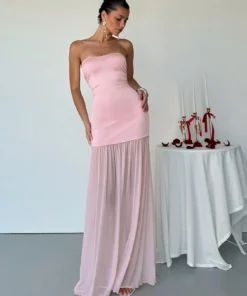 SHEIN Aloruh Women's Elegant Solid Color Mesh Patchwork Strapless Dress