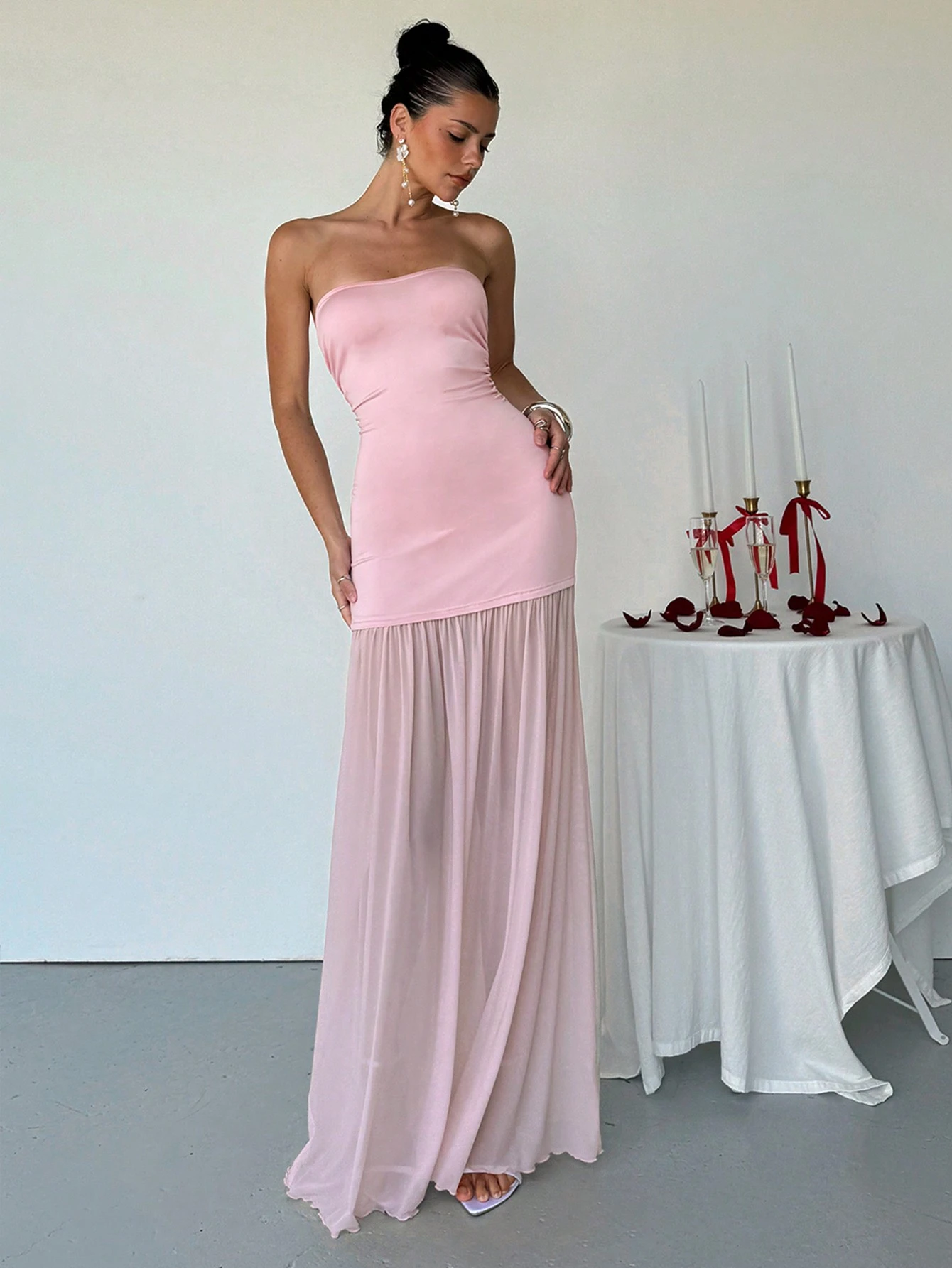 SHEIN Aloruh Women's Elegant Solid Color Mesh Patchwork Strapless Dress