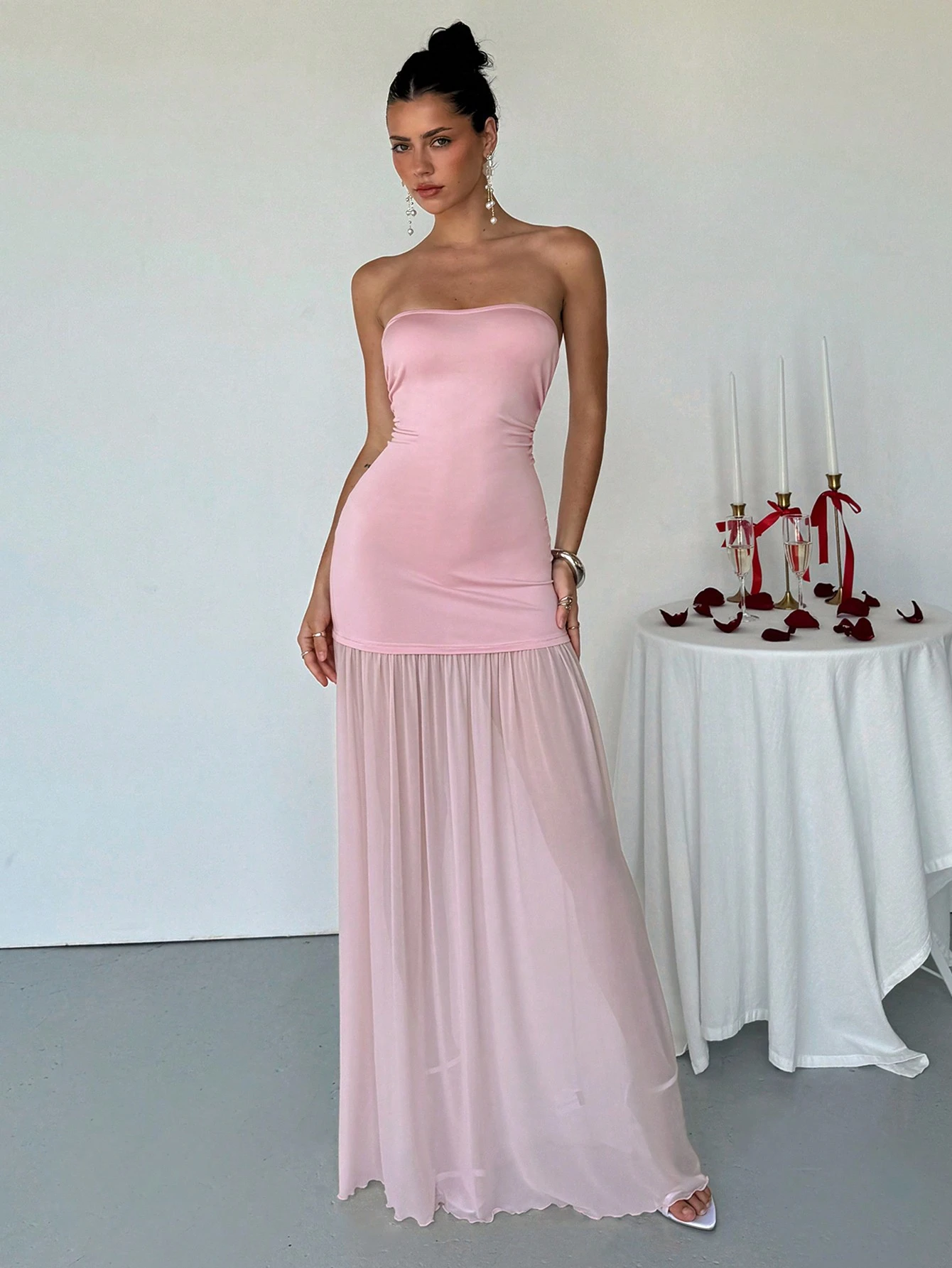 SHEIN Aloruh Women's Elegant Solid Color Mesh Patchwork Strapless Dress - Image 2