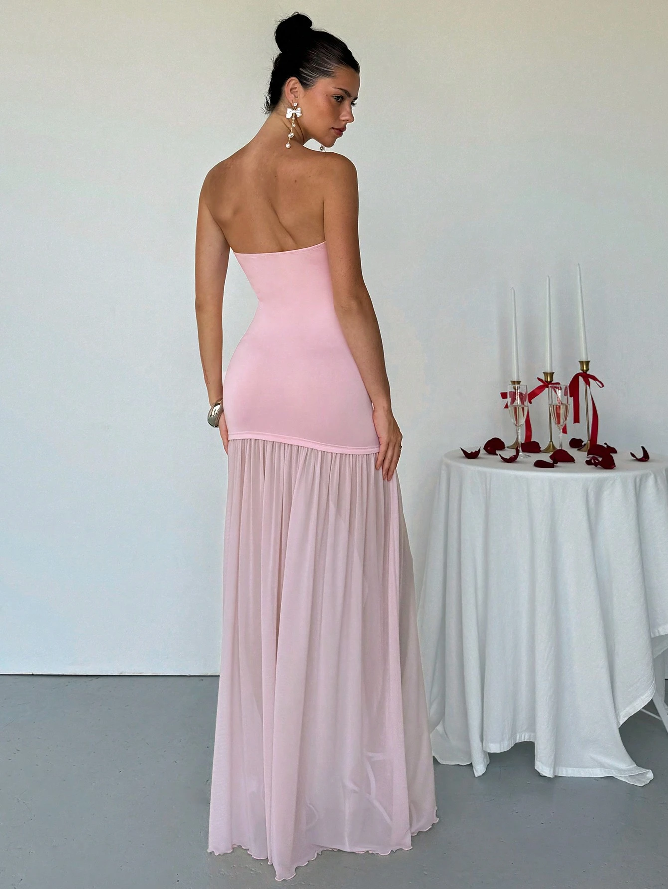 SHEIN Aloruh Women's Elegant Solid Color Mesh Patchwork Strapless Dress - Image 3