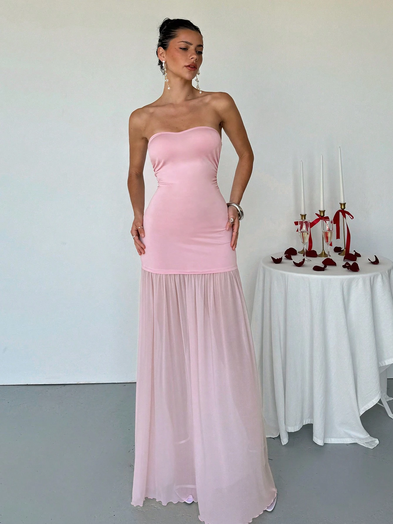 SHEIN Aloruh Women's Elegant Solid Color Mesh Patchwork Strapless Dress - Image 4