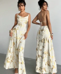 SHEIN Aloruh Women's Sexy And Elegant Woven Jacquard Deep Drap Neck Fitted And Flare Maxi Dress Women Summer Dress