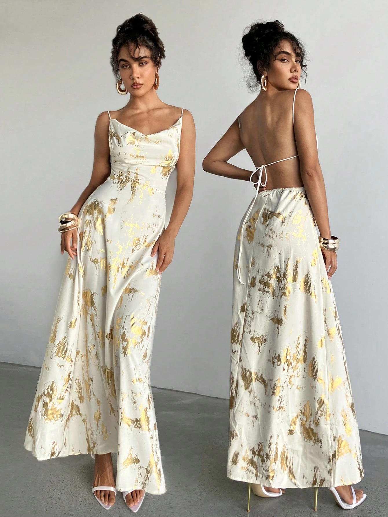 SHEIN Aloruh Women's Sexy And Elegant Woven Jacquard Deep Drap Neck Fitted And Flare Maxi Dress Women Summer Dress