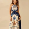 SHEIN CAJUNI Floral Print Cut Out Waist Maxi Halter Dress