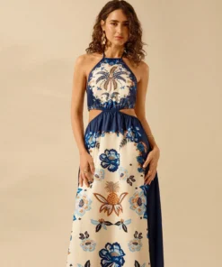 SHEIN CAJUNI Floral Print Cut Out Waist Maxi Halter Dress