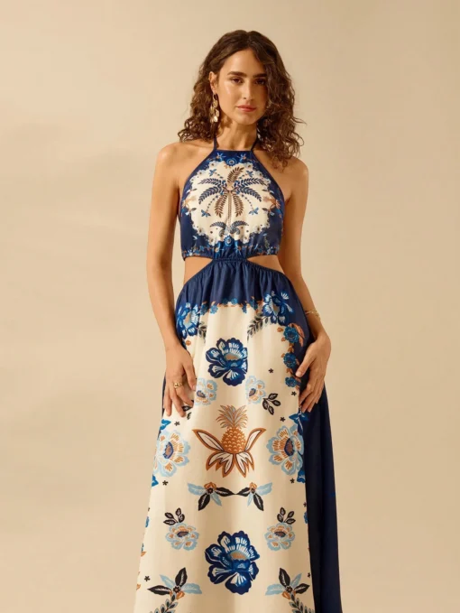 SHEIN CAJUNI Floral Print Cut Out Waist Maxi Halter Dress