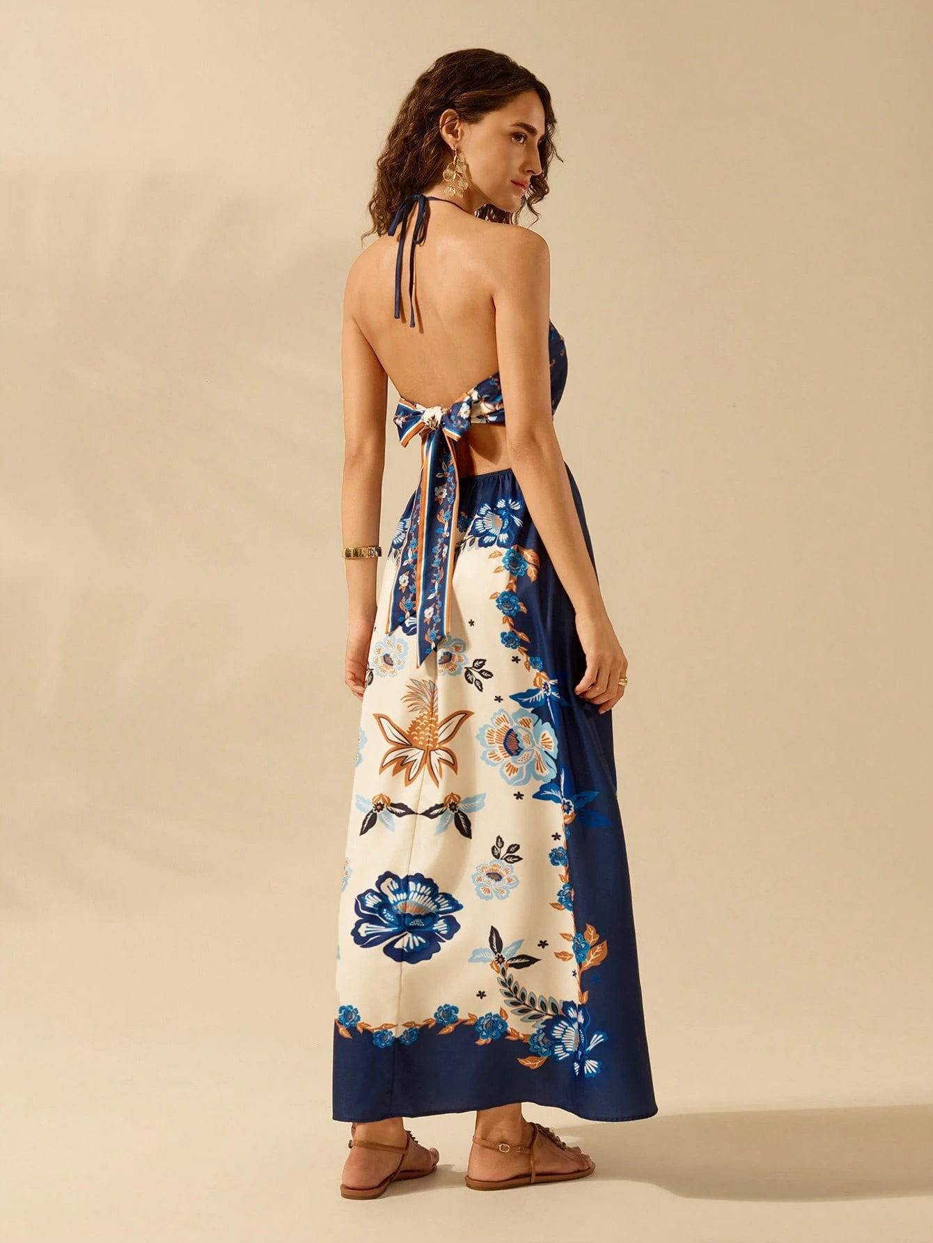 SHEIN CAJUNI Floral Print Cut Out Waist Maxi Halter Dress - Image 2