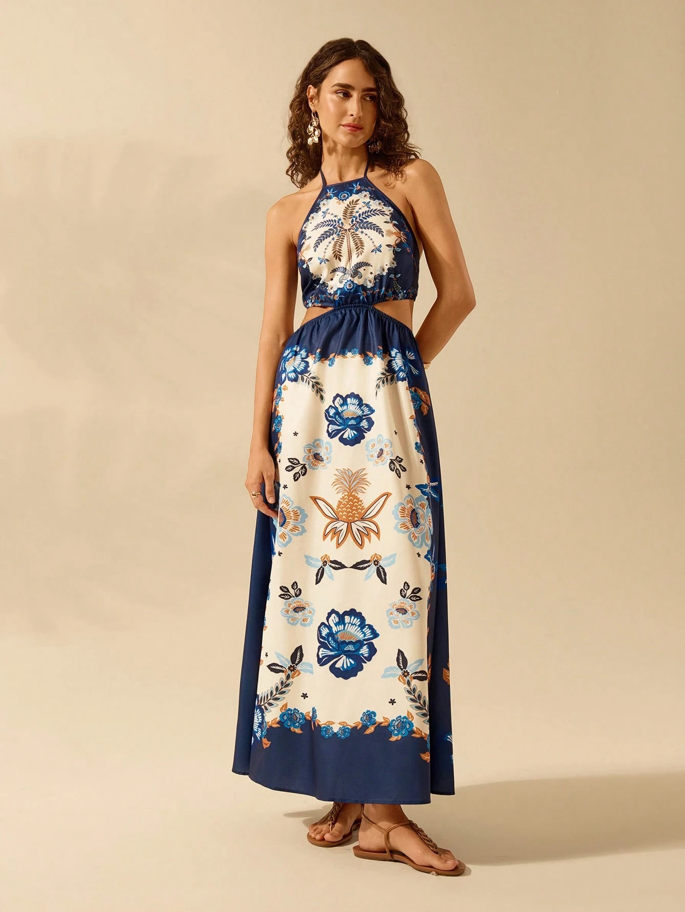 SHEIN CAJUNI Floral Print Cut Out Waist Maxi Halter Dress - Image 3