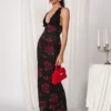 SHEIN COSMINA Women's Floral Print Plunging V-Neck Backless Dress, Sexy