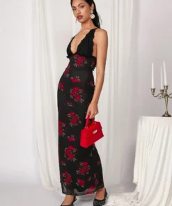 SHEIN COSMINA Women's Floral Print Plunging V-Neck Backless Dress, Sexy