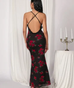 Alternative view of SHEIN COSMINA Women's Floral Print Plunging V-Neck Backless Dress, Sexy