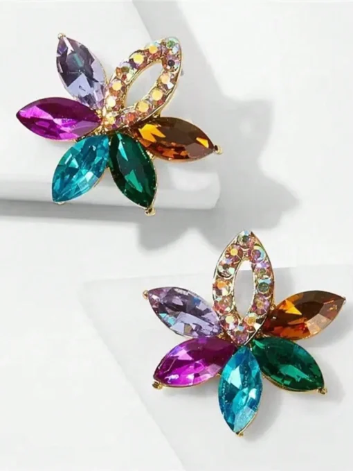 SHEIN Classic Sparkling Alloy Ear Studs With Rhinestone, Simple & Chic Floral Design, European & Korean Style
