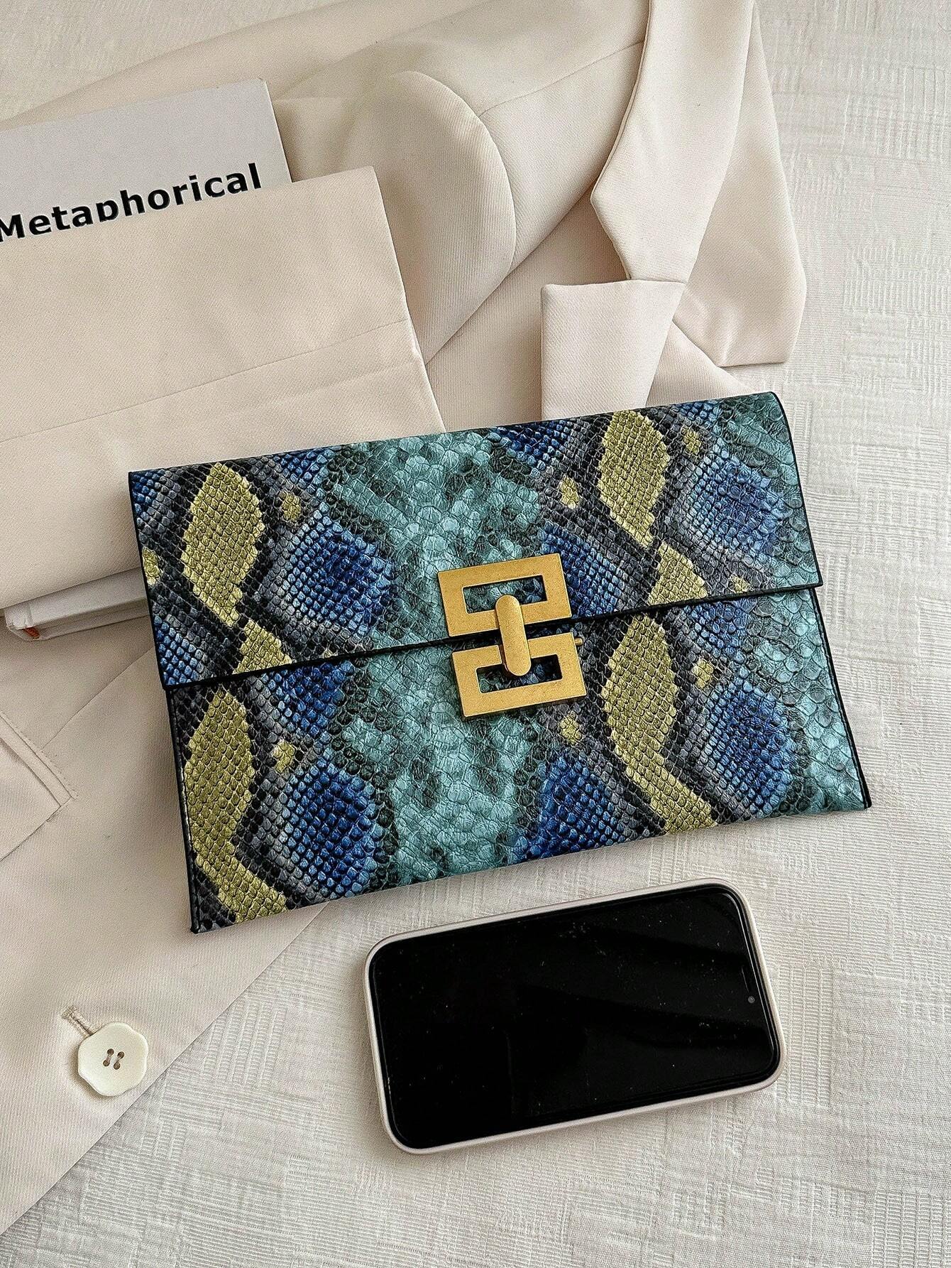 SHEIN Crocodile Pattern Metal Chain Clutch, Elegant Textured PU Leather Purse, Classic Dinner Evening Bag, Elegant Clutch Bag For Women - Image 4