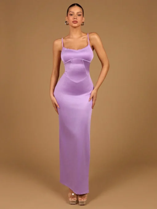 SHEIN Glamine Women's Dinner Party Romantic Sexy Elegant Mature Sling Lace Split Stitching Dinner Party Maxi Cami Dress