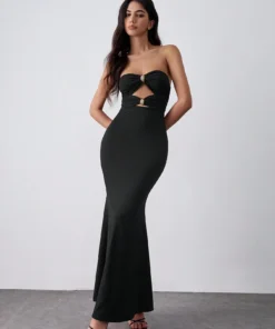 SHEIN Lumivelle Black Elastic Knit Bodycon Mermaid Dress For Women, Black Elastic Knit Bodycon Dress