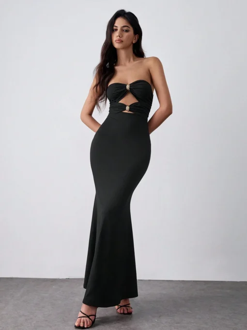 SHEIN Lumivelle Black Elastic Knit Bodycon Mermaid Dress For Women, Black Elastic Knit Bodycon Dress