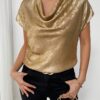 SHEIN Rafferiza Gold Foil Fabric Flowy Collar Women's Party Elegant Blouse Top