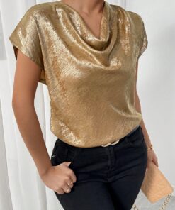 Alternative view of SHEIN Rafferiza Gold Foil Fabric Flowy Collar Women's Party Elegant Blouse Top
