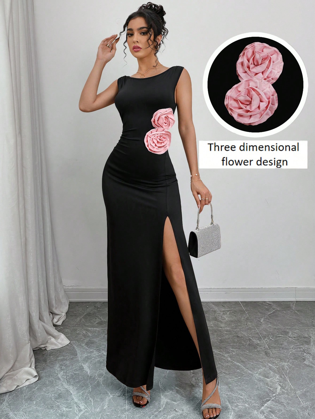 SHEIN Rafferiza High Slit Sleeveless Bodycon Dress With Floral Decor