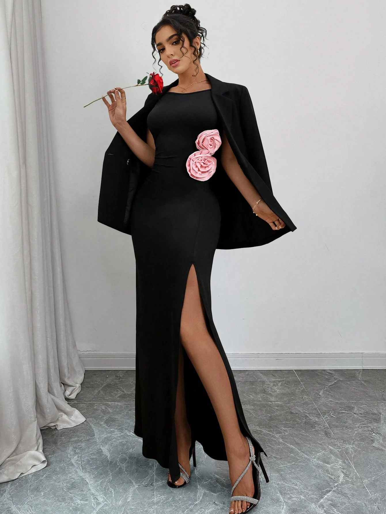 SHEIN Rafferiza High Slit Sleeveless Bodycon Dress With Floral Decor - Image 2