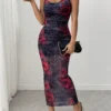 SHEIN Rafferiza Mesh Rose & Leopard Print Ruffle Midi Dress