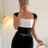 SHEIN Rafferiza Summer Casual Contrast Color Block Slim Fit Cropped T-Shirt