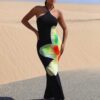 SHEIN BAE Floral Print Halter Neck Backless Mermaid Hem Longline Dress