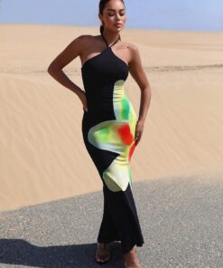 SHEIN BAE Floral Print Halter Neck Backless Mermaid Hem Longline Dress