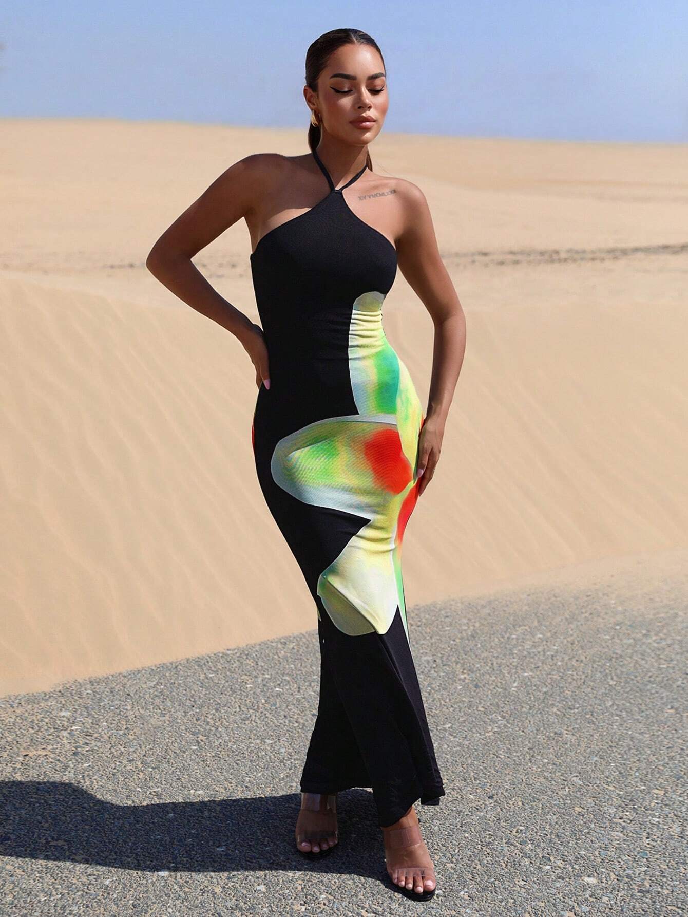 SHEIN BAE Floral Print Halter Neck Backless Mermaid Hem Longline Dress