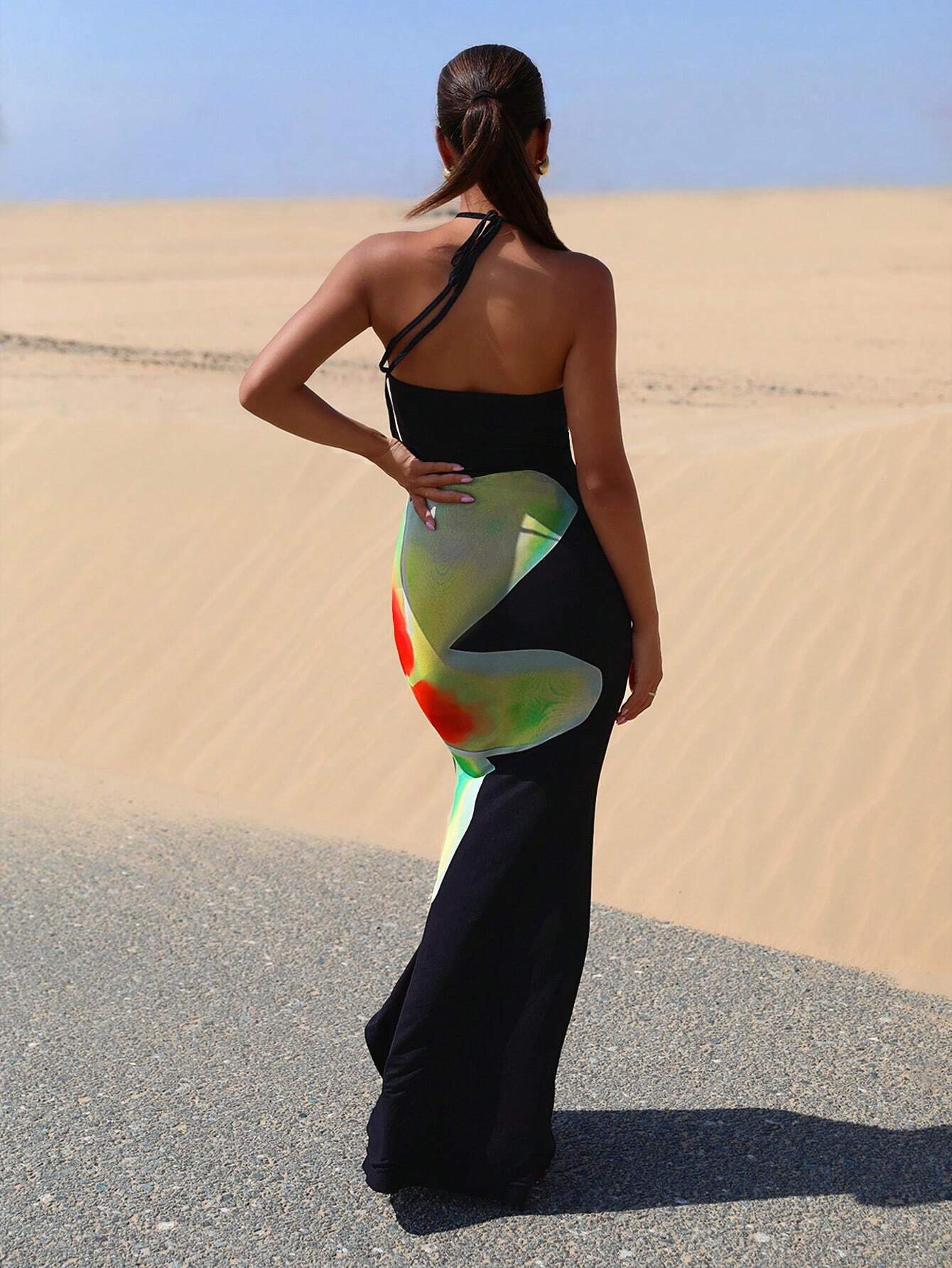 SHEIN BAE Floral Print Halter Neck Backless Mermaid Hem Longline Dress - Image 3