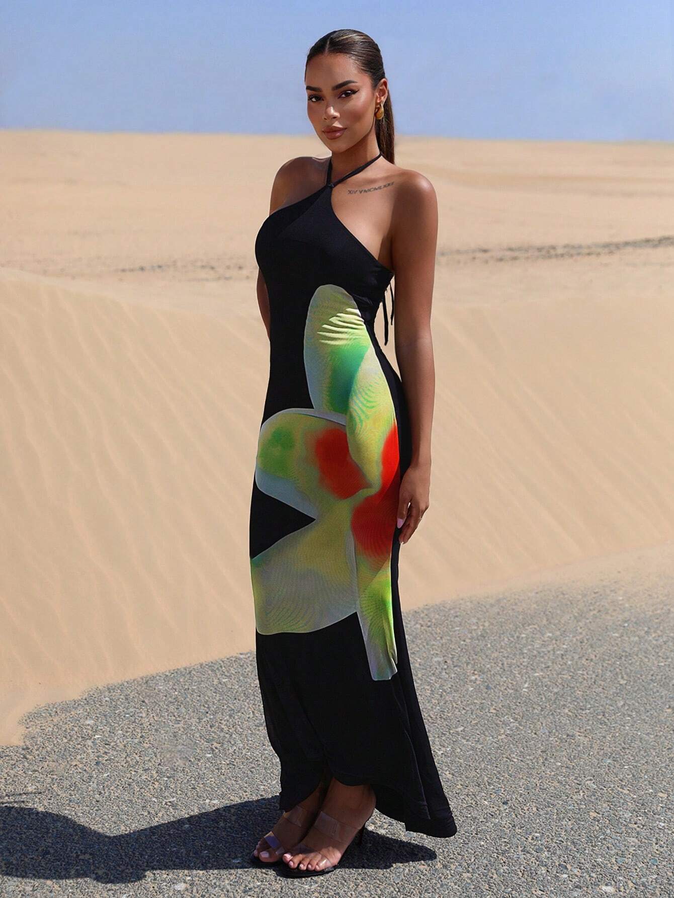 SHEIN BAE Floral Print Halter Neck Backless Mermaid Hem Longline Dress - Image 4