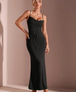 SHEIN BAE Summer Solid Color Strap Tie Elegant Date Scoop Neck Sheer Fish Tail Form-Fitting Dress