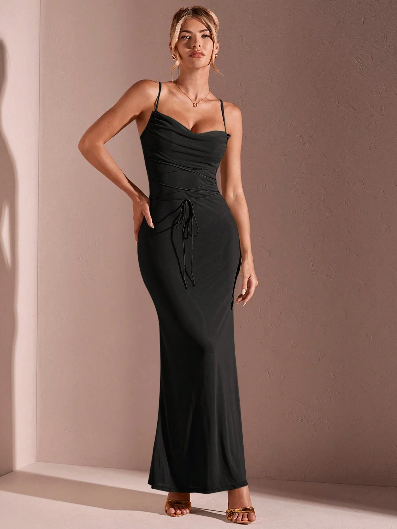 SHEIN BAE Summer Solid Color Strap Tie Elegant Date Scoop Neck Sheer Fish Tail Form-Fitting Dress