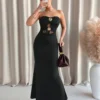 SHEIN Clasi Elegant Metal Buckle Decor Hollow Lace Patchwork Sexy Halter Mermaid Maxi Dress
