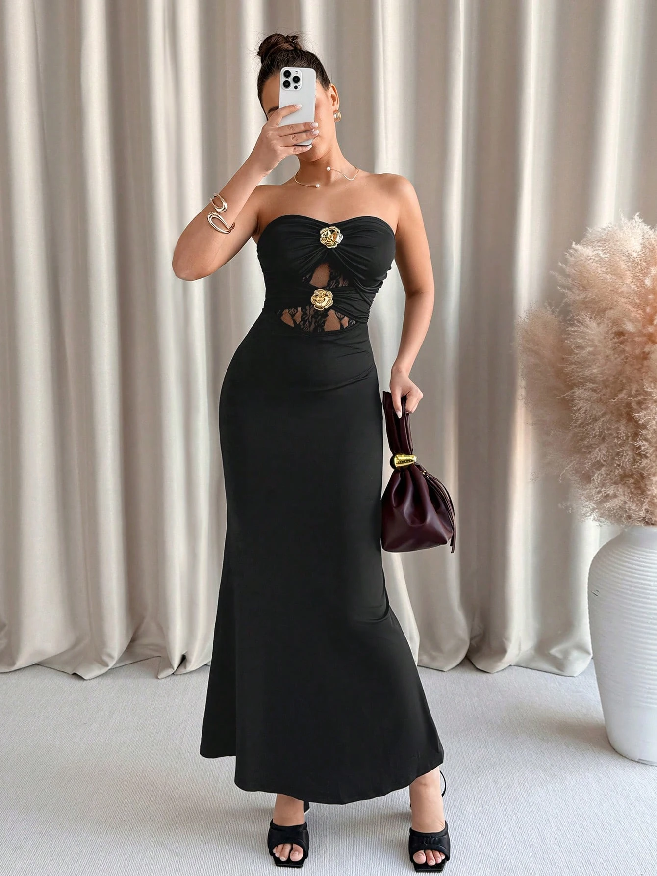 SHEIN Clasi Elegant Metal Buckle Decor Hollow Lace Patchwork Sexy Halter Mermaid Maxi Dress