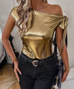 SHEIN Clasi Women's Asymmetrical Shoulder Tie Bow Design T-Shirt