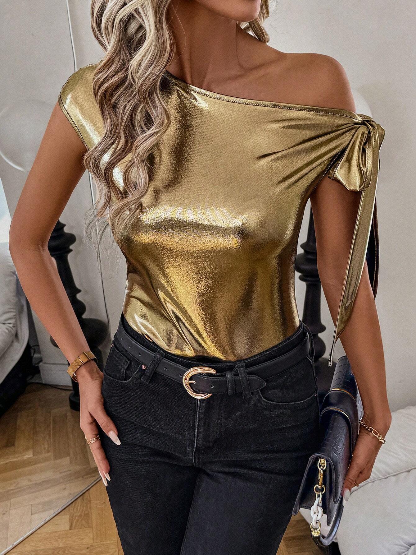 SHEIN Clasi Women's Asymmetrical Shoulder Tie Bow Design T-Shirt