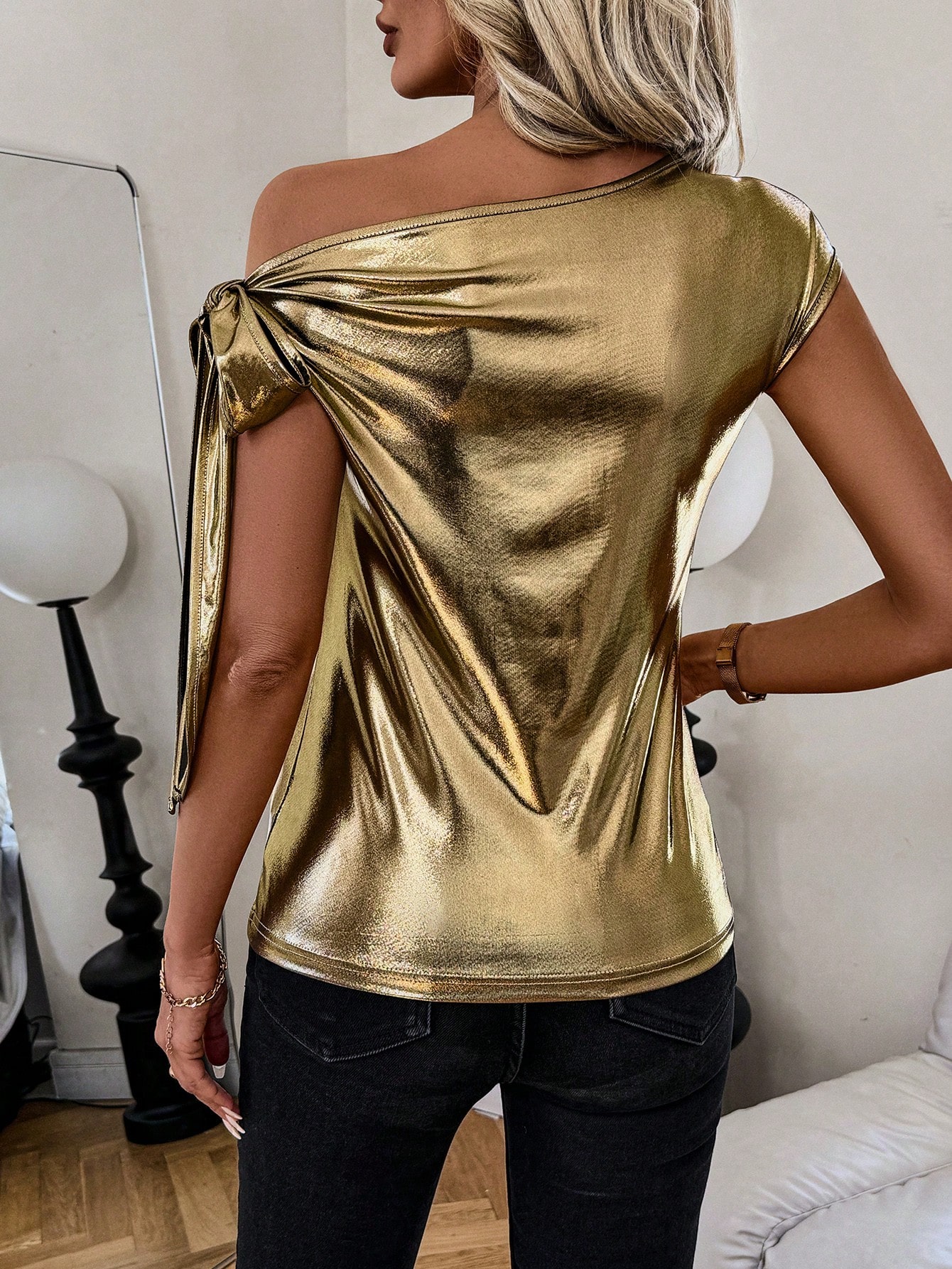 SHEIN Clasi Women's Asymmetrical Shoulder Tie Bow Design T-Shirt - Image 3