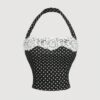 SHEIN MOD Lace Collar Polka Dot Print Waist Cinched Casual Blouse