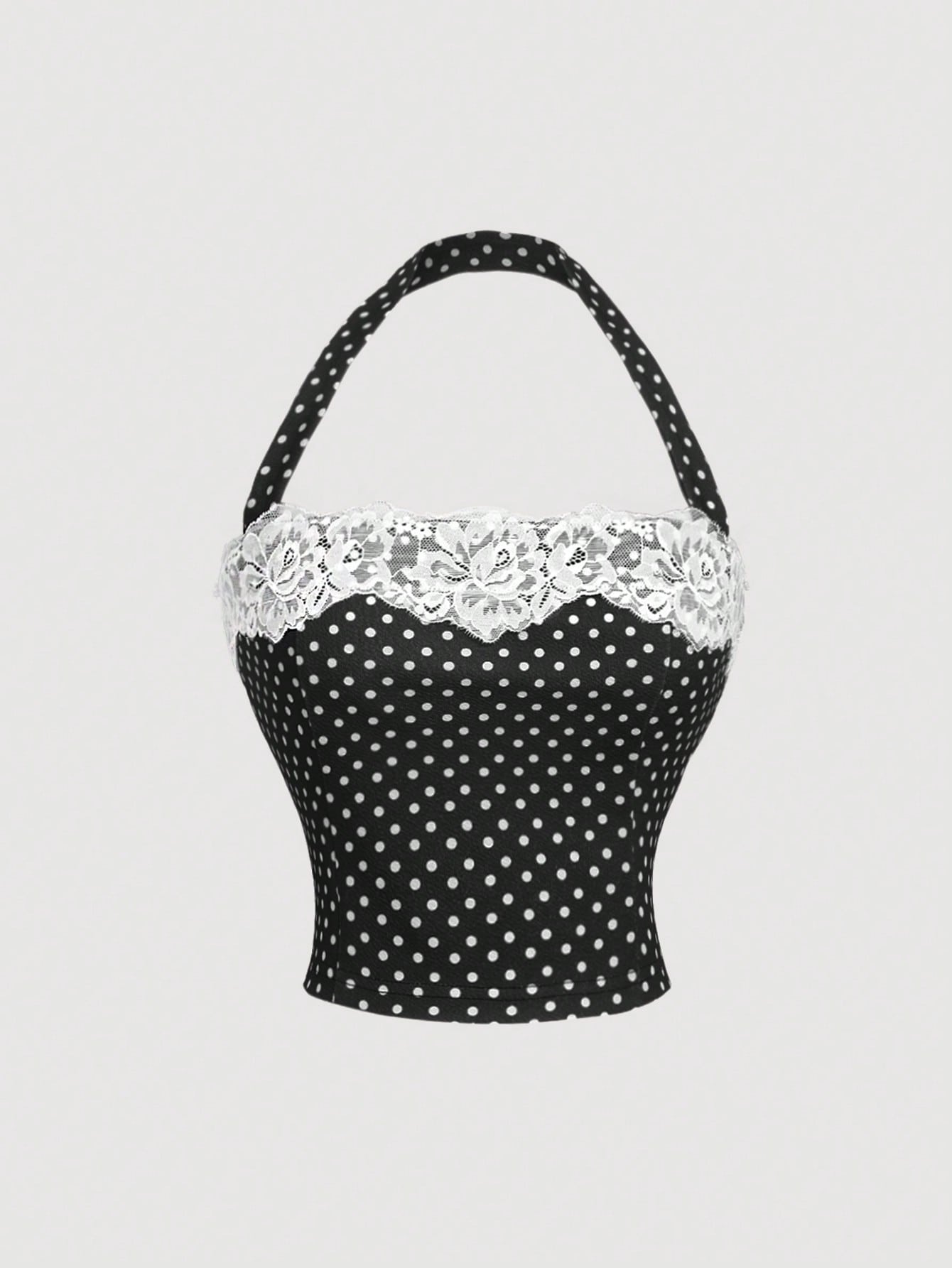 SHEIN MOD Lace Collar Polka Dot Print Waist Cinched Casual Blouse