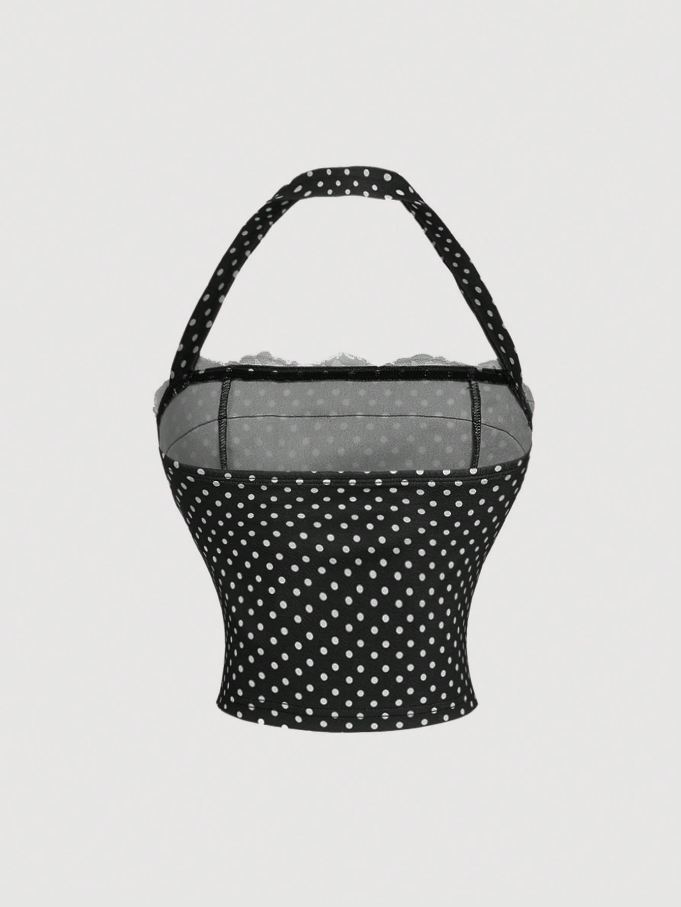 SHEIN MOD Lace Collar Polka Dot Print Waist Cinched Casual Blouse - Image 2