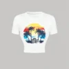 SHEIN MOD White Cropped Center Front Landscape Print Vacation T-Shirt